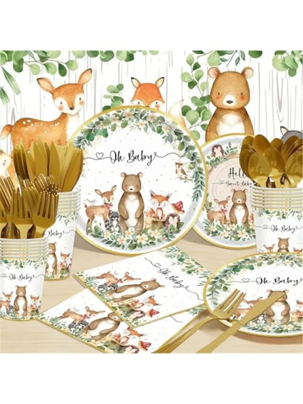 Woodland Baby Shower Plates Napkins Cups Safari Animal Party Tableware Set